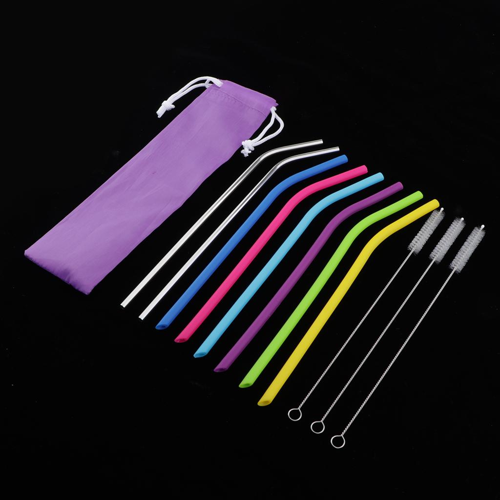 Premium Drinking Straws Eco-friendly 6pcs Silicone 2pcs Stainless 3pcs Brush