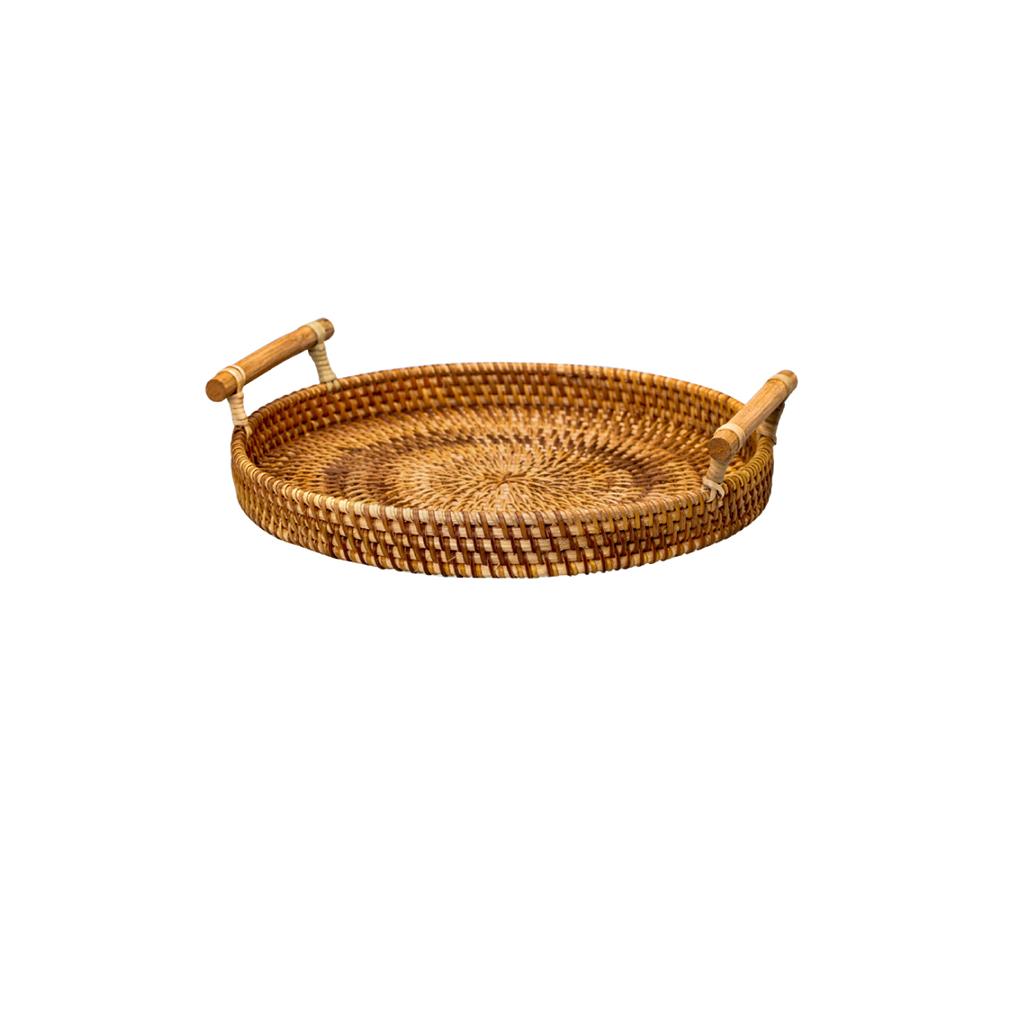 Handwoven Round Rattan Serving Tray with Handles Bread Basket 24cm