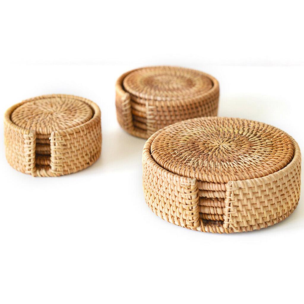 Hand Woven Rattan Placemat Braided Rattan Coaster Placemat with Holder 8cm