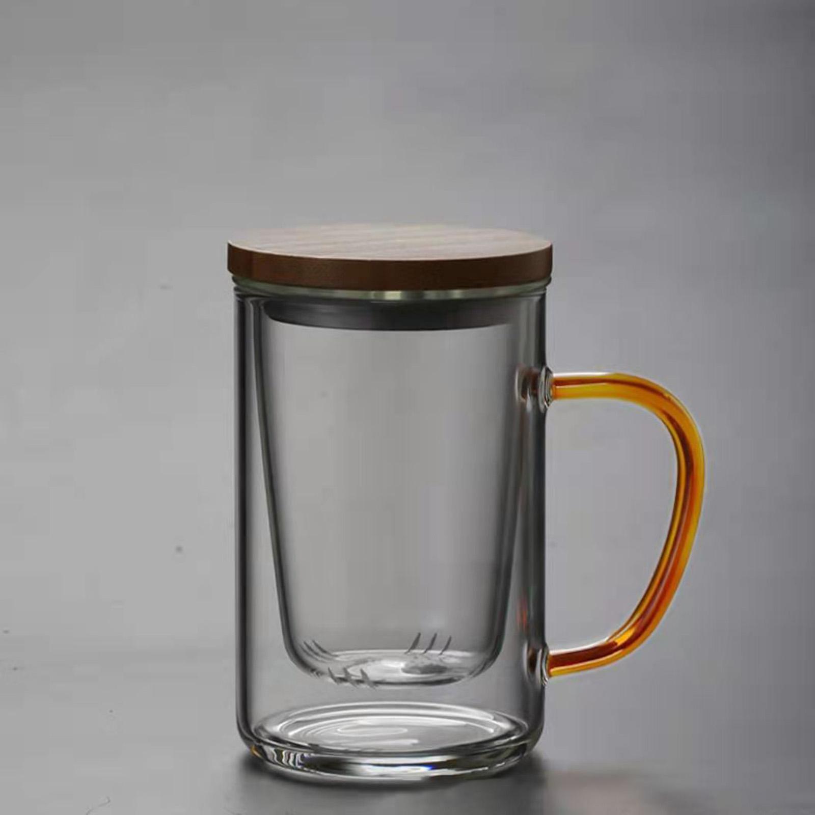 Glass Tea Cup Double Wall with Strainer and Lid for Glassware Drinkware Amber handle