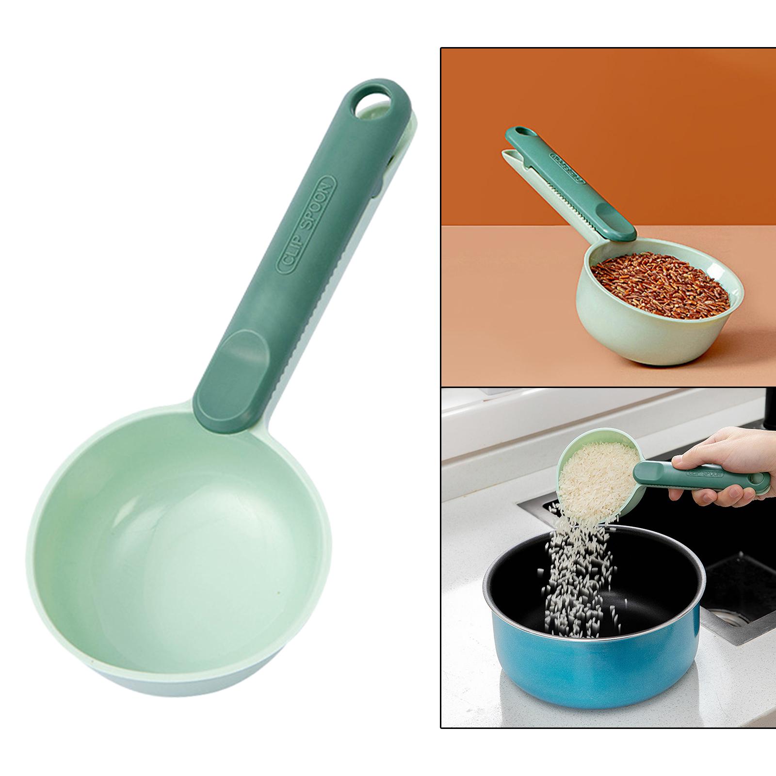 Multifunctional Coffee Scoop Grains Rice Spoon with Clip Household Reusable Green