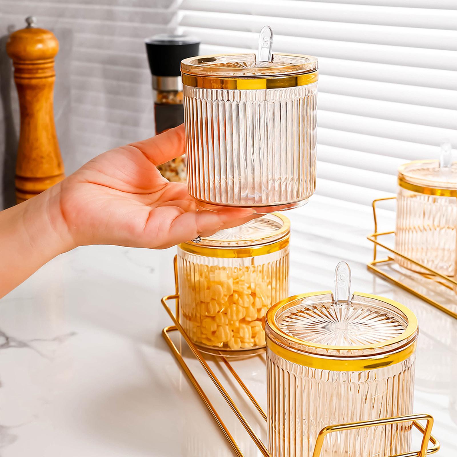 Condiment Pots Tank Food Container with Lids and Spoons 3 grids