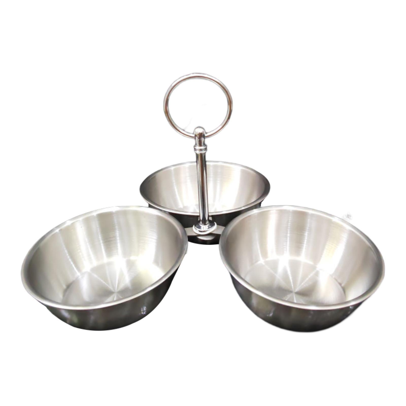 Snack Serving Bowl Stainless Steel 3 Compartment for Fruit Sauce Side Dishes Silver