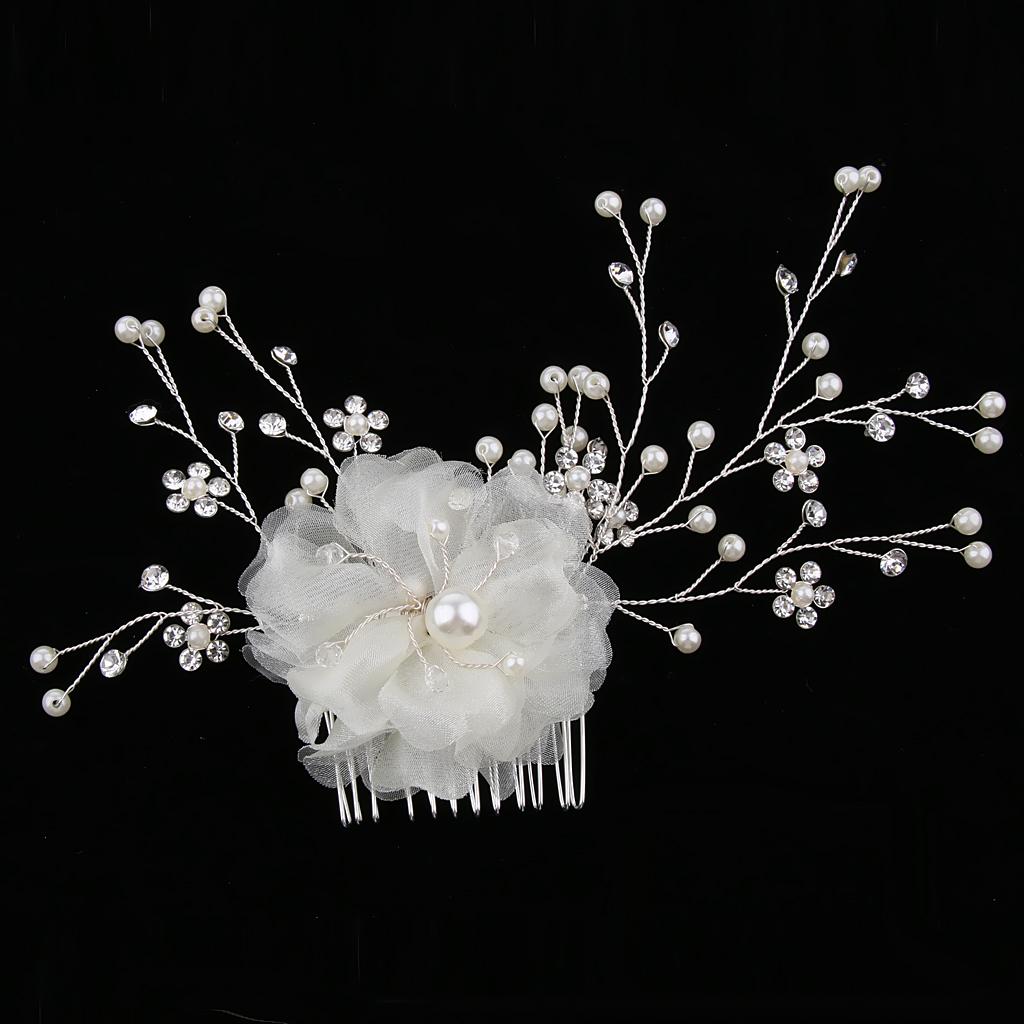 Handmade Bridal Hair Comb with Organza Flower Imitation Pearls Rhinestones