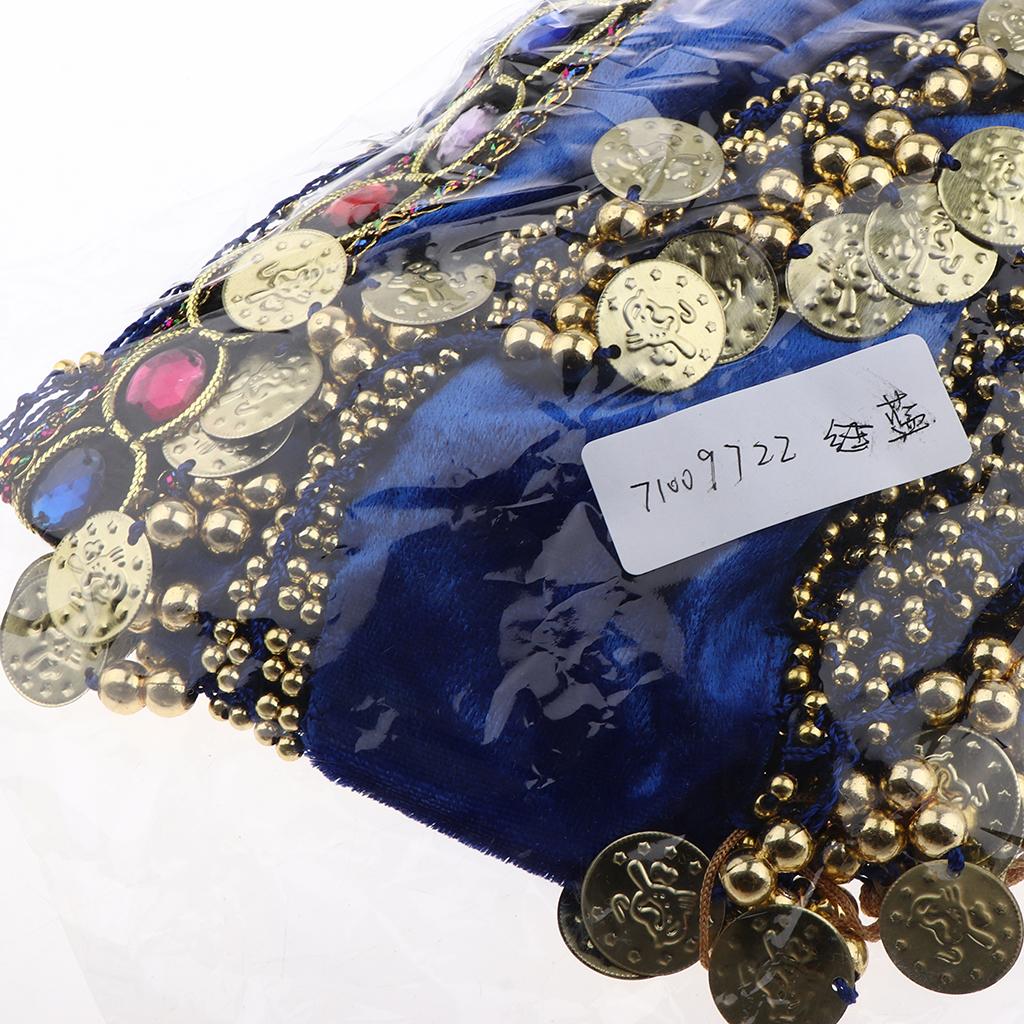 Womens Sequins Belly Dance Hip Scarf Wrap Skirt with Gold Coins Blue