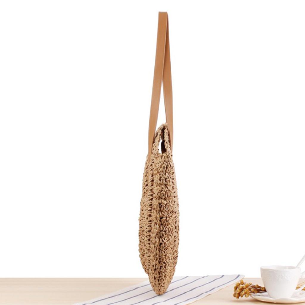 Women Straw Beach Shoulder Bag Round Shape Woven Holiday Tote Handbag Camel