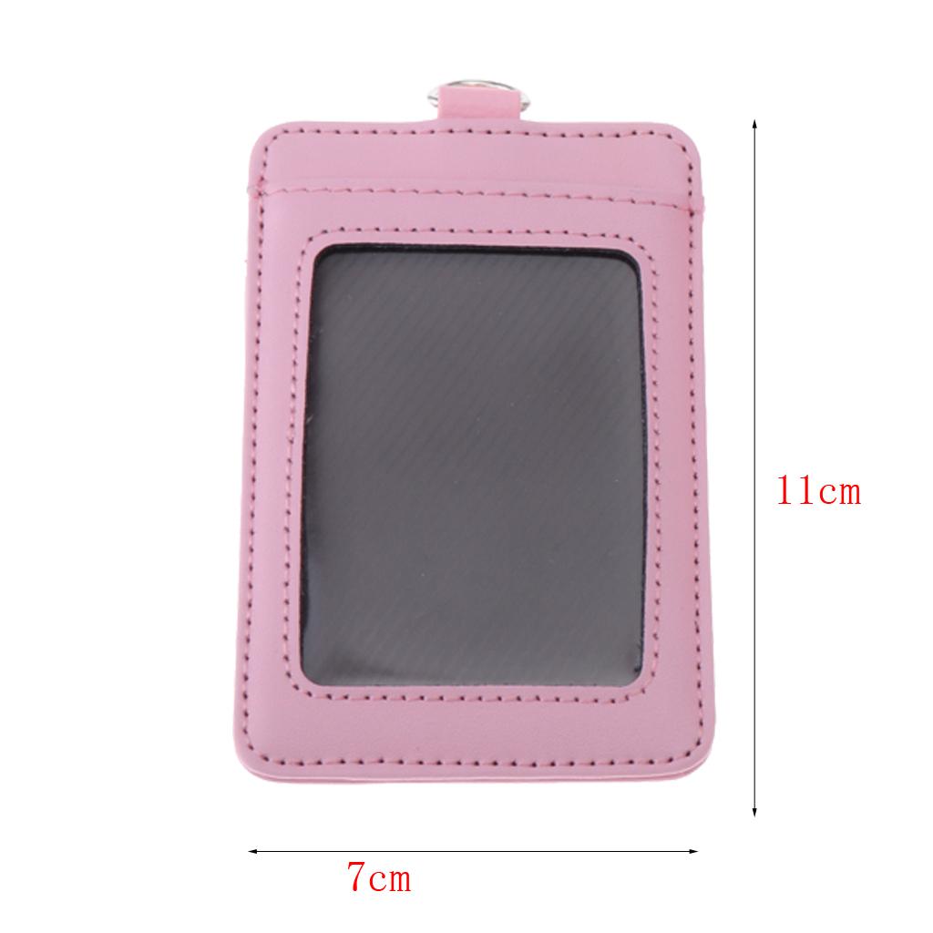 2-Sided Vertical Pu Leather Badge Card Holder Neck Strap Lanyard Pink