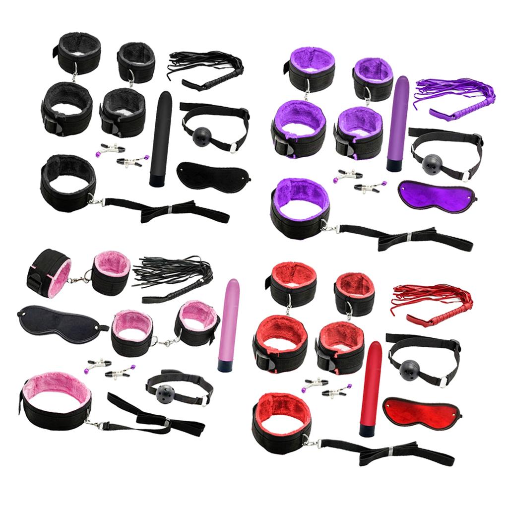 8pcs Couples Adult Toys Plush Handcuffs Strap Whip Rope Bandage Set Black