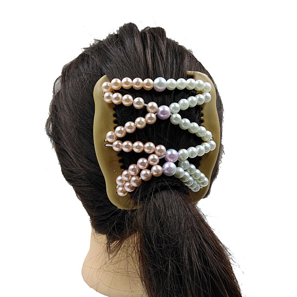 Womens Pink White Pearls Magic Elastic Hair Clips Stretchy Double Hair Combs