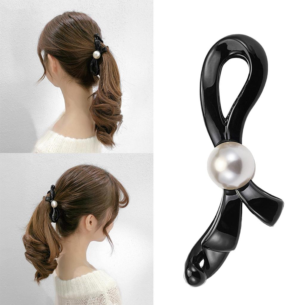 Black White Pearl Bow Banana Hair Clips Diamond Ponytail Holder Hair Clip