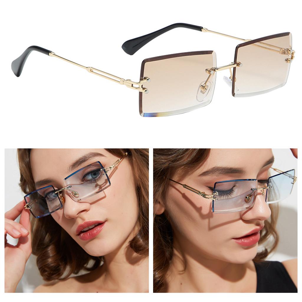 Chic Rectangle Cut Rimless Sunglasses Tinted Lens Eyewear Shades Brown