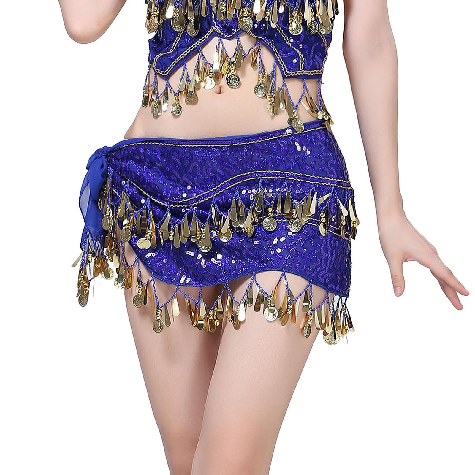 Belly Dance Hip Scarf Sequin Dance Belt Tassel Coins Skirt Belt Royal Blue