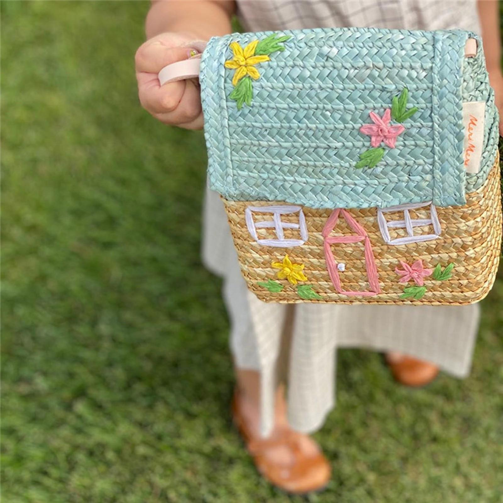 Women Girl Straw Shoulder Bag Summer Tote Holiday Travel Rattan Handbag Blue