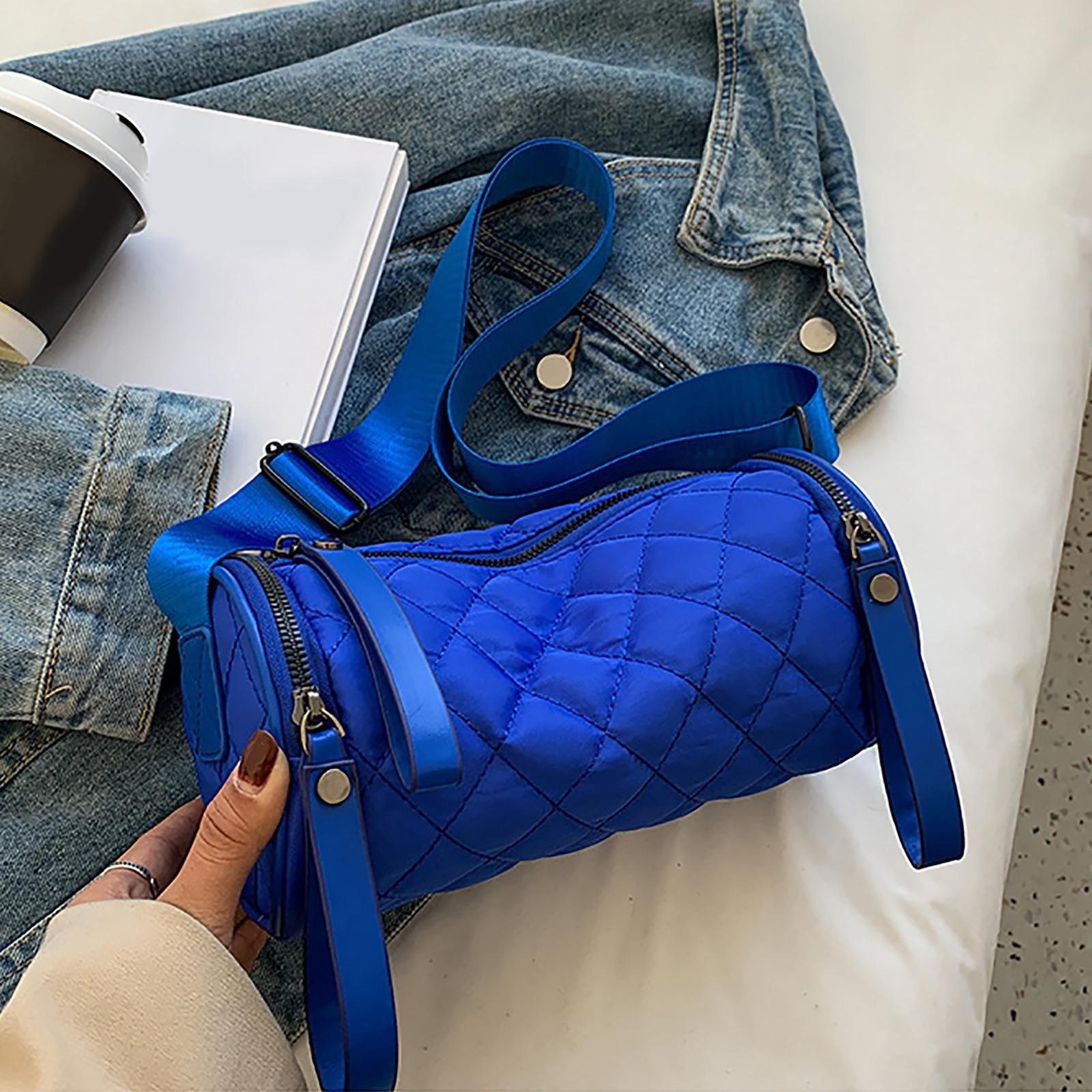 Women Barrel Shaped Shoulder Bag Quilted Round Bucket Bag Satchel Purses Blue