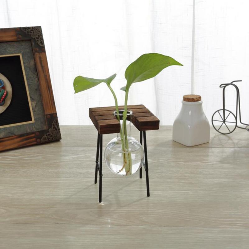 Retro Stool Shape Wooden Tray Hanging Clear Glass Vase Hydroponic Container 
