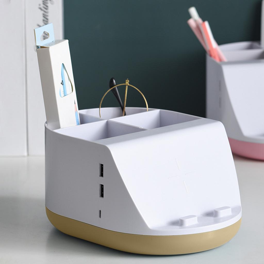 Makeup Storage Holder Phone Charging Station Stationery Organizer Khaki