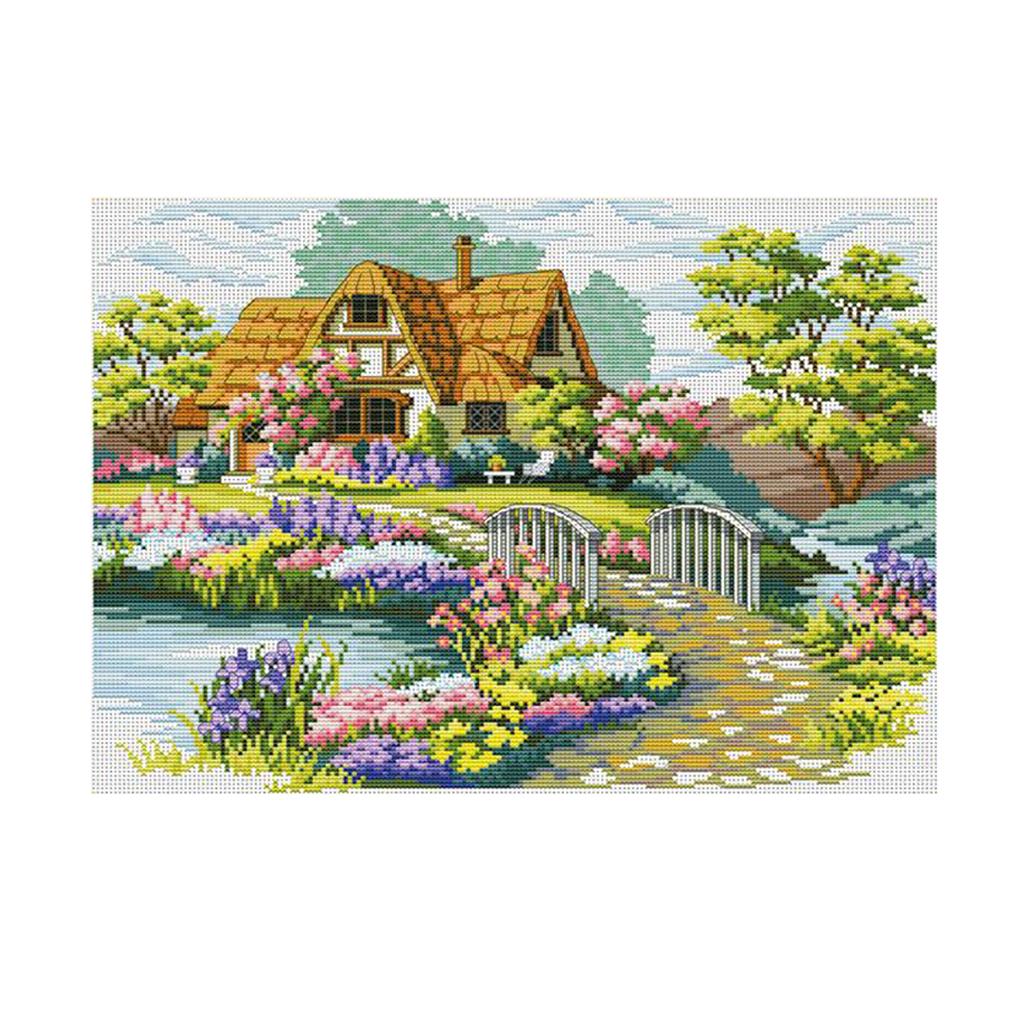 Cross Stitch Stamped Kit Garden Cottage Pattern Embroidery Needlepoint Craft