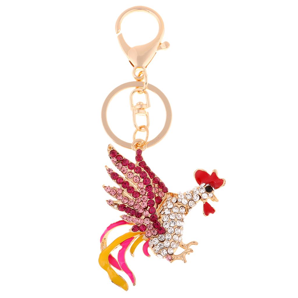Cock Rooster Chicken Keychain Crystal Bag Pendant Key Ring Gift Jewelry Pink