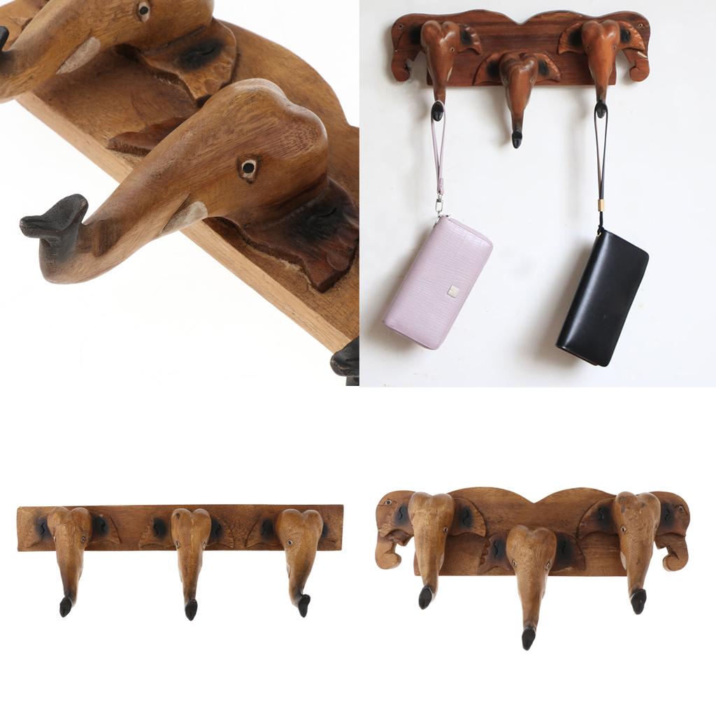 Handmade Creative Wooden Elephant Head Wall Mounted Trunk Hook Hanger A