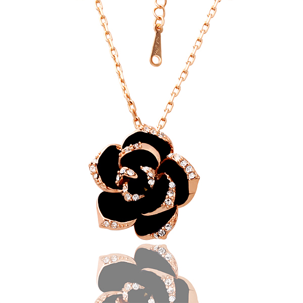 Rose Gold Color Chain Necklace with Black Rose Pendant