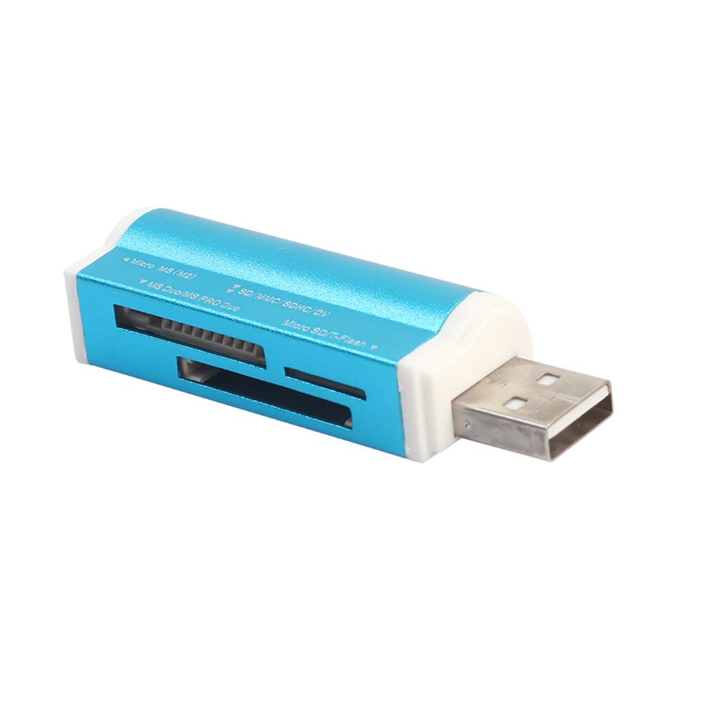 SD Card Reader USB 2.0 Card Hub Adapter Read 4 Cards Simultaneously CF, CFI, TF, SDXC, SDHC, SD, MMC, Micro SDXC, MicroSD, Micro SDHC, MS for Windows, Mac, Linux, Blue