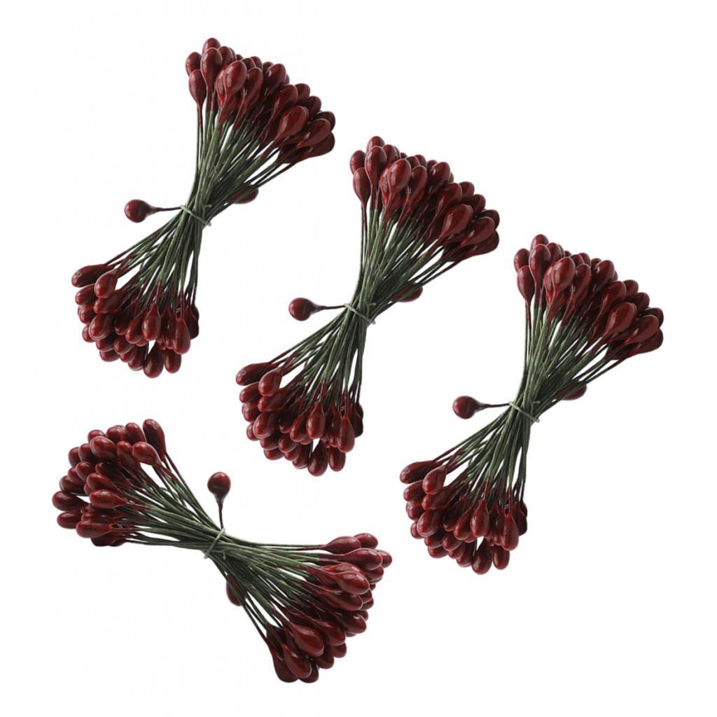 200pcs Artificial Double Head Berries DIY Craft Dark Red