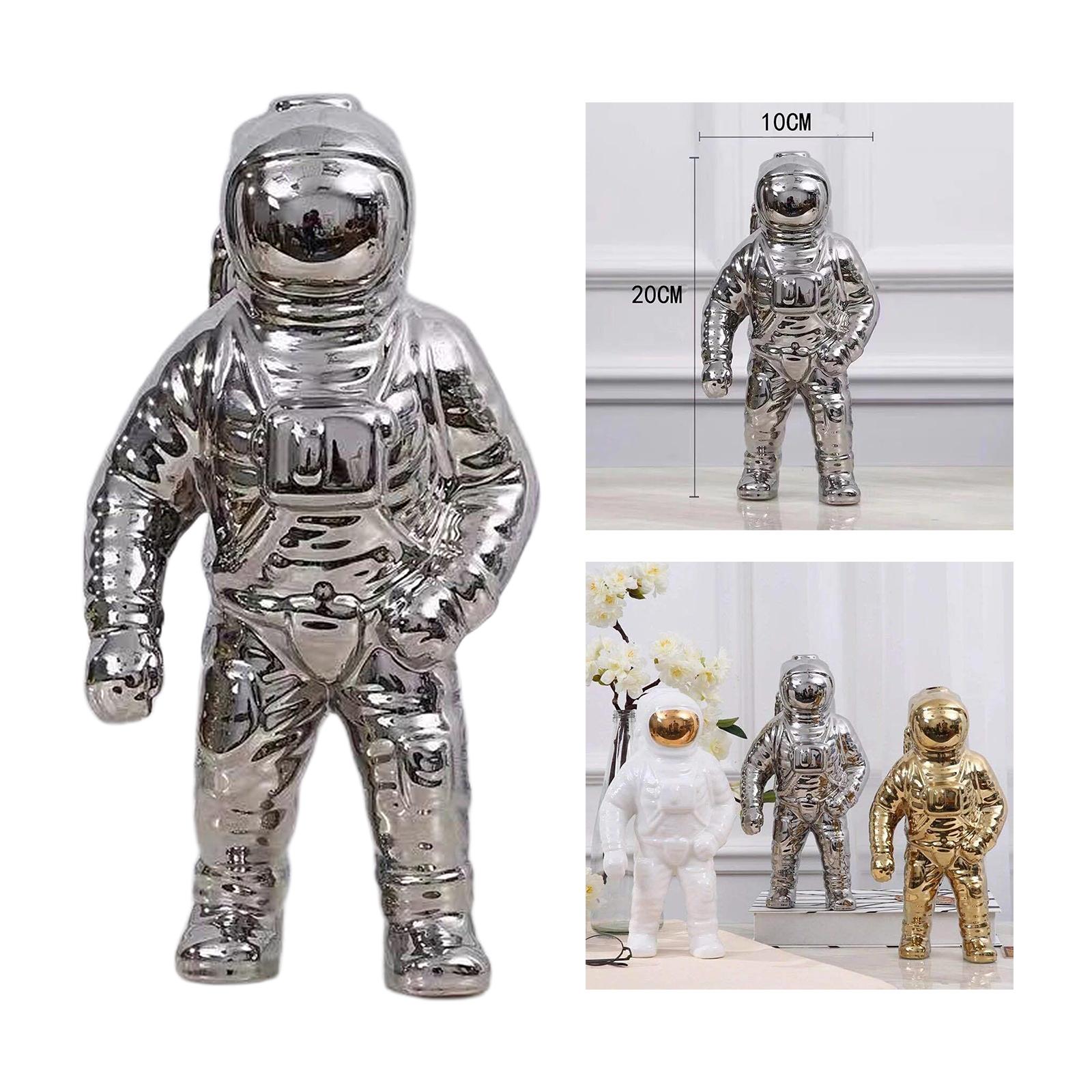 Ceramic Space Man Figurine Sculpture Astronaut Cosmonaut Statue Art Silver