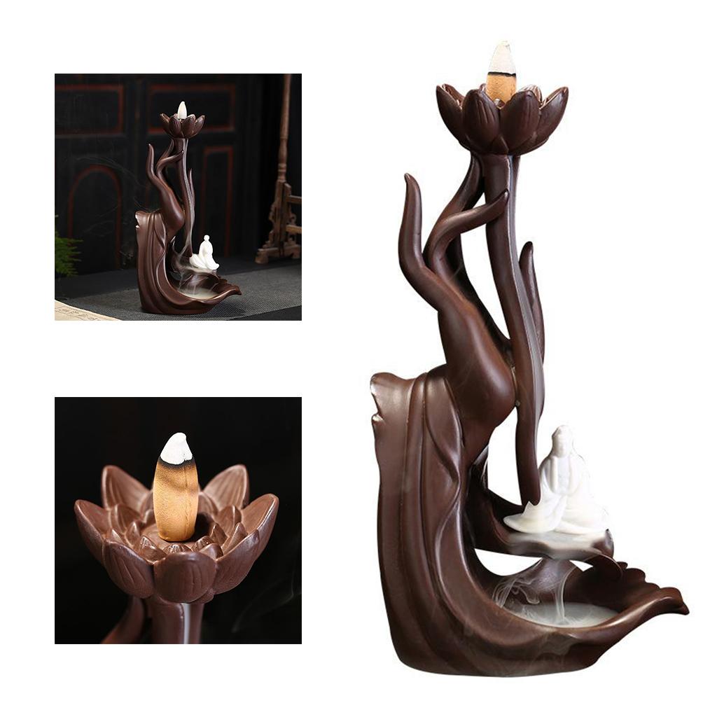 Lotus Incense Burner Holder Figurine Waterfall Backflow Home Meditation Room