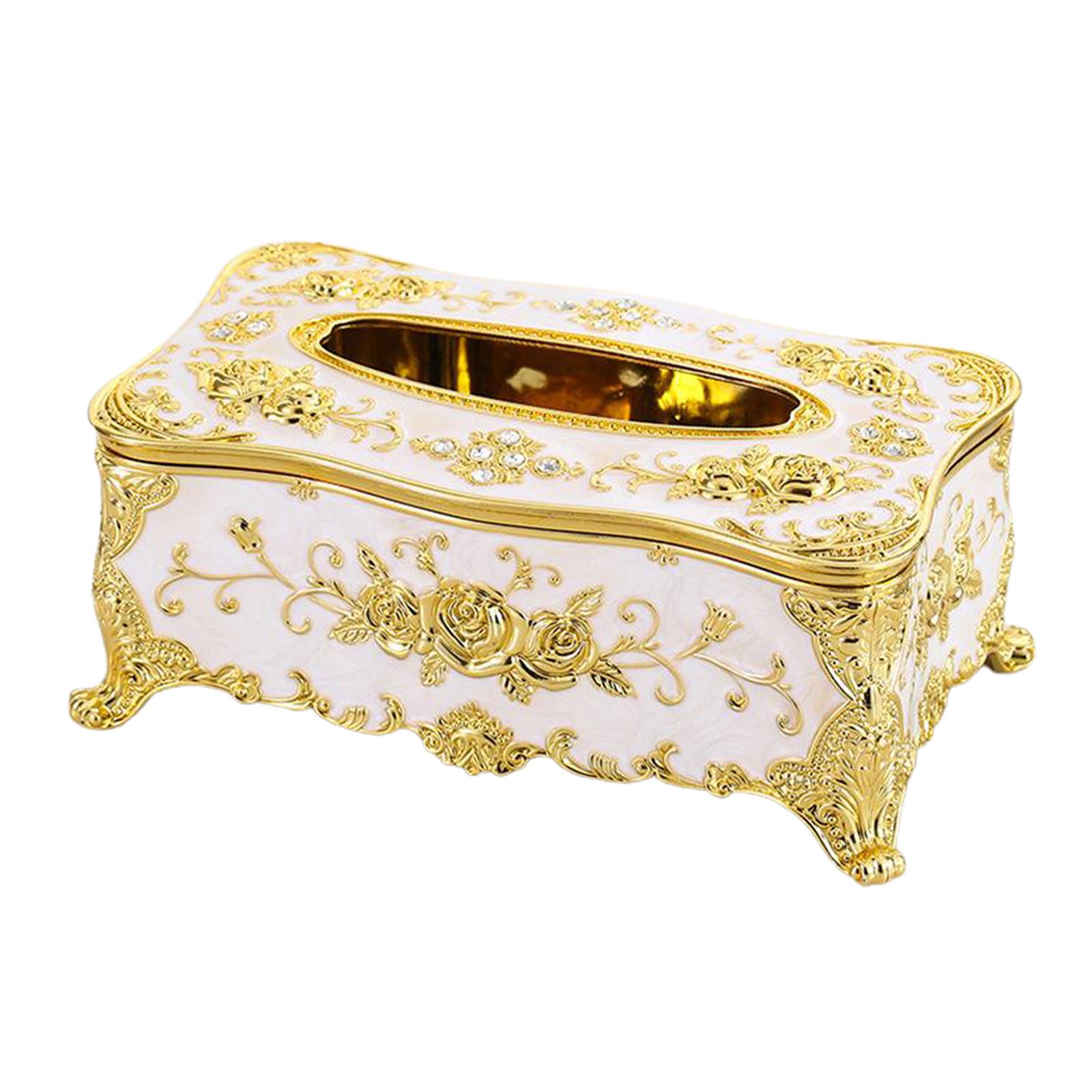 Home Rectangular Tissue Paper Box Case Holder Cover White Golden