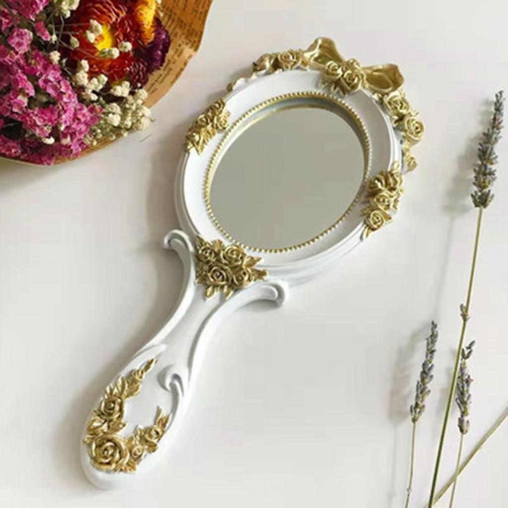 Handheld Mirror with Embossed Rose Pattern for Makeup, Oval Shape White