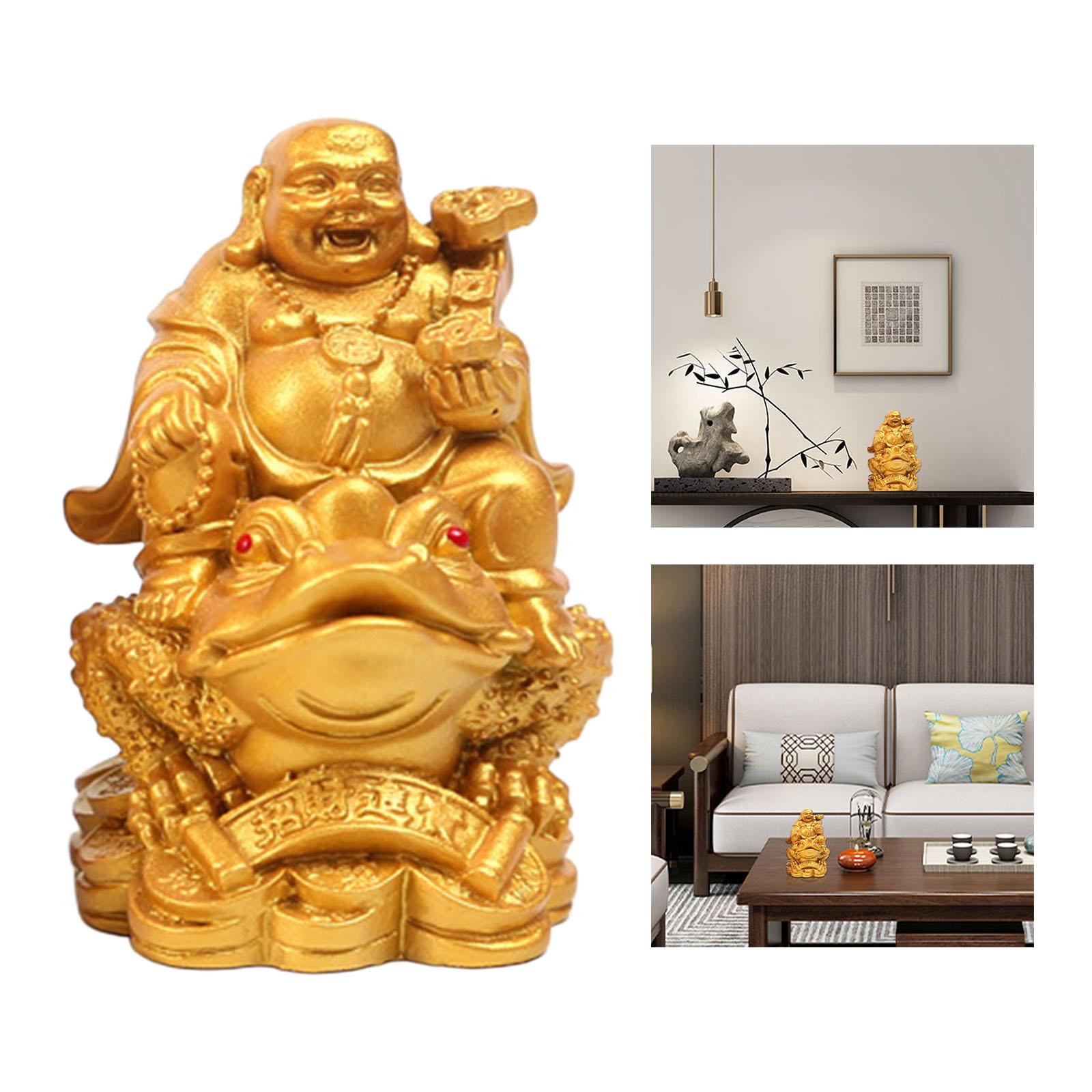 Laughing Buddha Sit On Money Frog Statue for Tabletop Decoration Golden