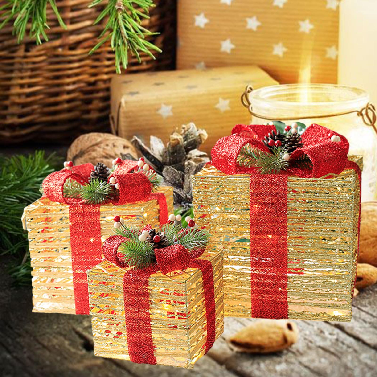 3Pcs Christmas Decoration Gift Box Christmas Tree Ornaments Luminous Art Gold