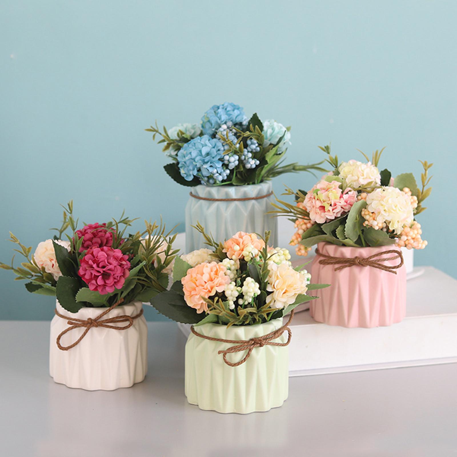 Mini Artificial Flower Fake Simulation Hydrangea Plant Ceramic Vase for Home Blue
