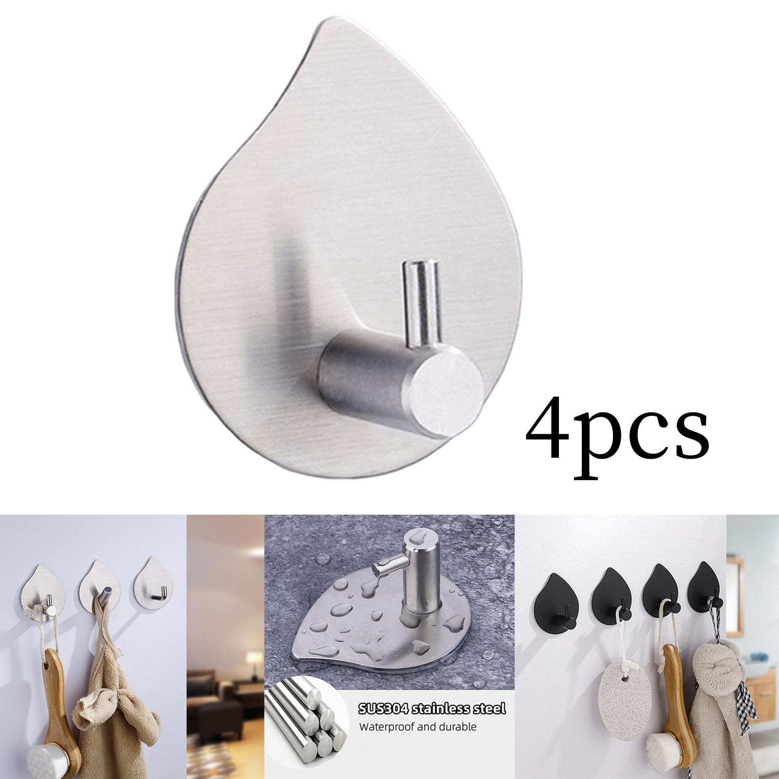 4Pcs Adhesive Hooks Waterproof Stainless Steel No Drilling Strong Silver