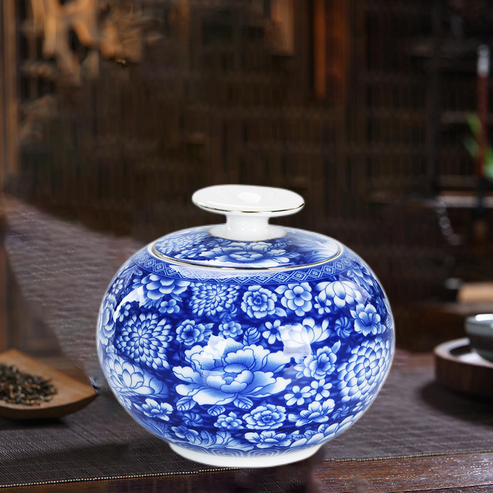 Blue and White Ceramic Jar Container with Sealed Lid Floral Arrangement