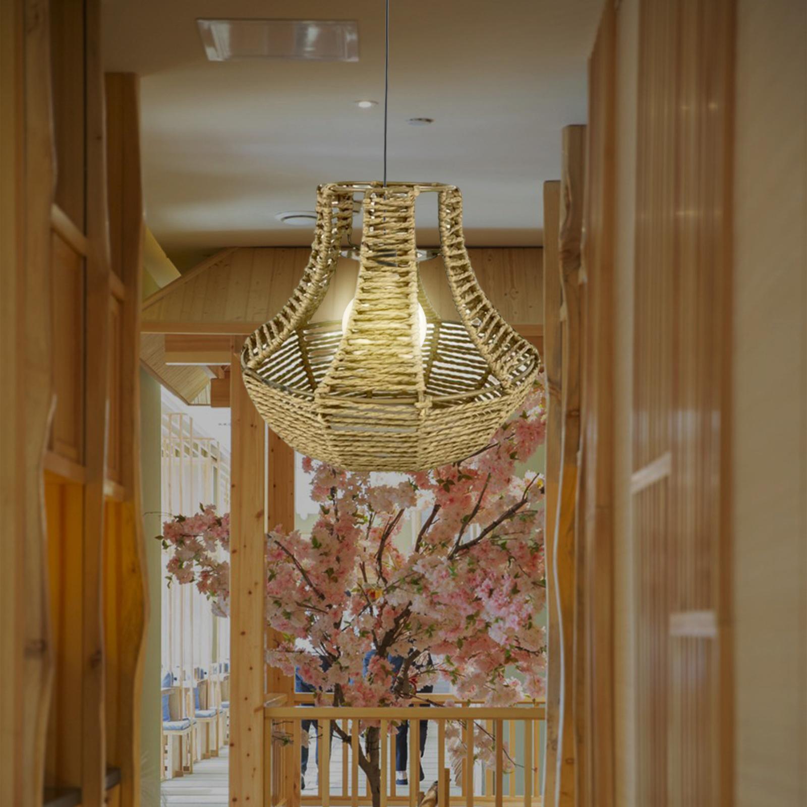 Retro Woven Pendant Lamp Shade Hanging Lampshade Rope Rattan  Yellow