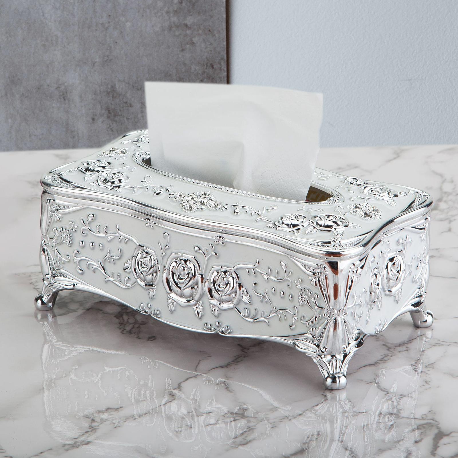 Rose Carved Tissue Box cover 9x5x3.7Inches Sleek Opening Silver And White