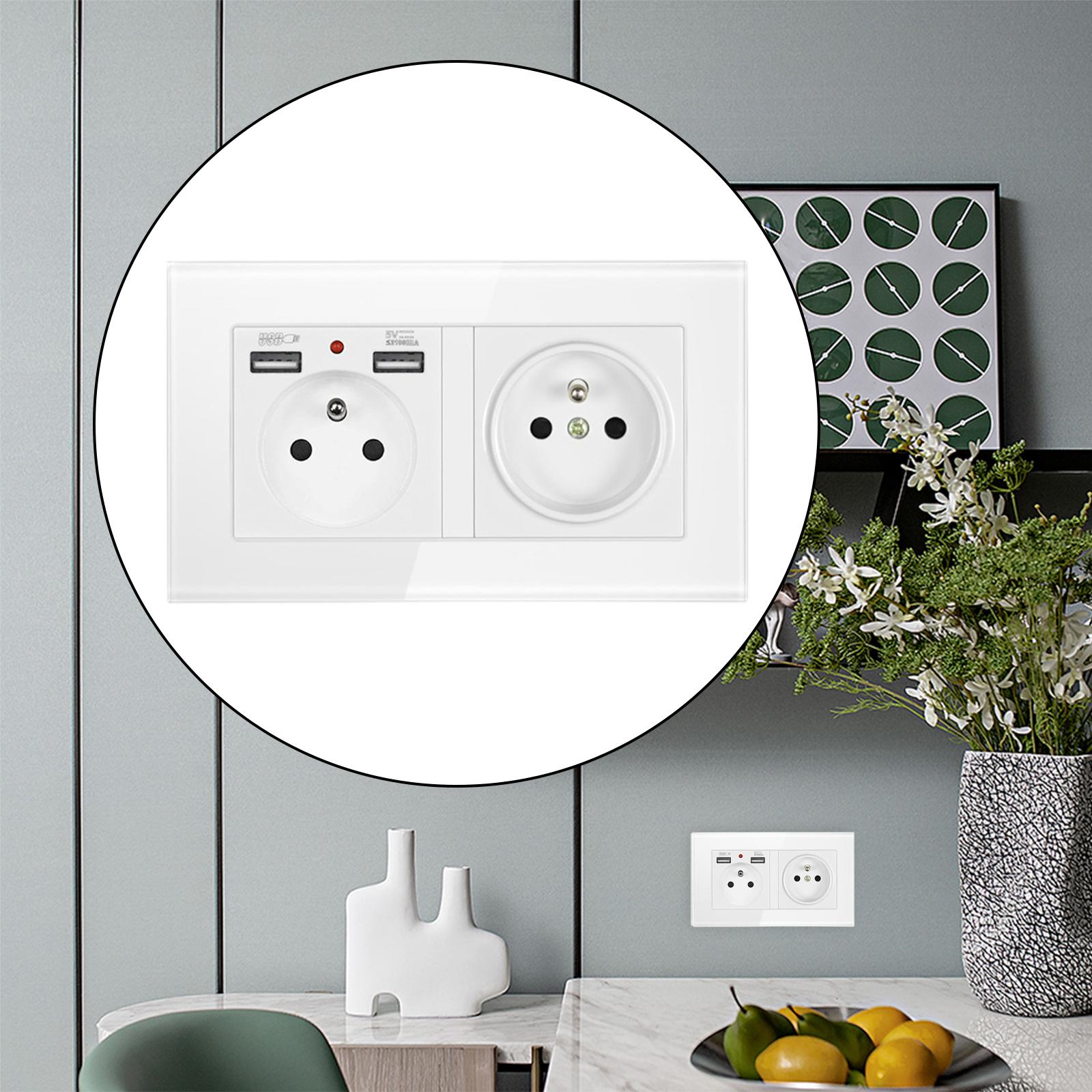 French 2.1A USB Wall Outlet Charger 16A Duplex Receptacles Multi Plug White