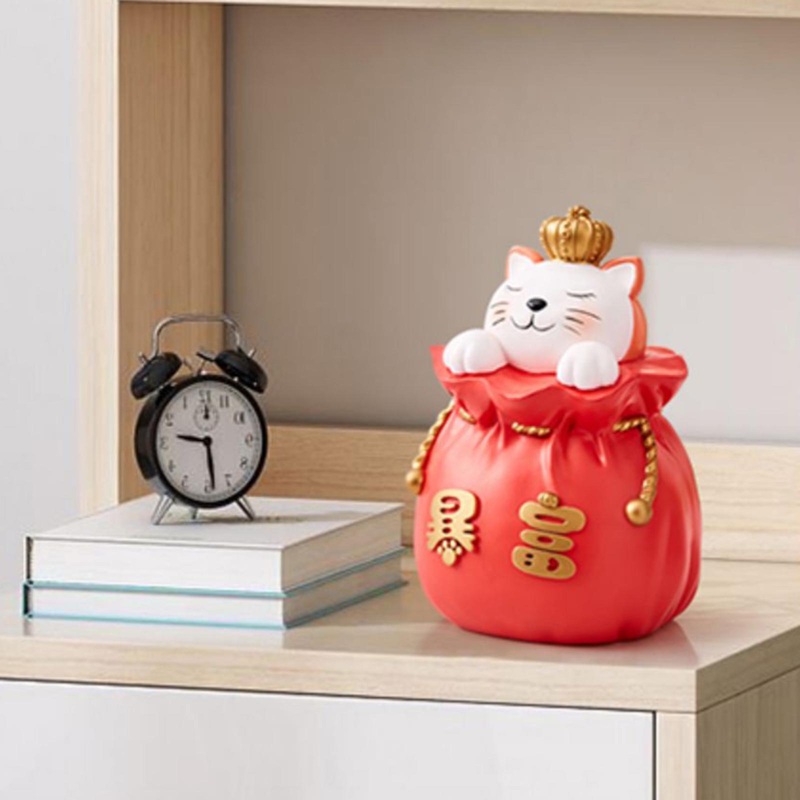 Lucky Cat Money Bank Animal Statue Figurine Sculpture for Home Table Decor Red