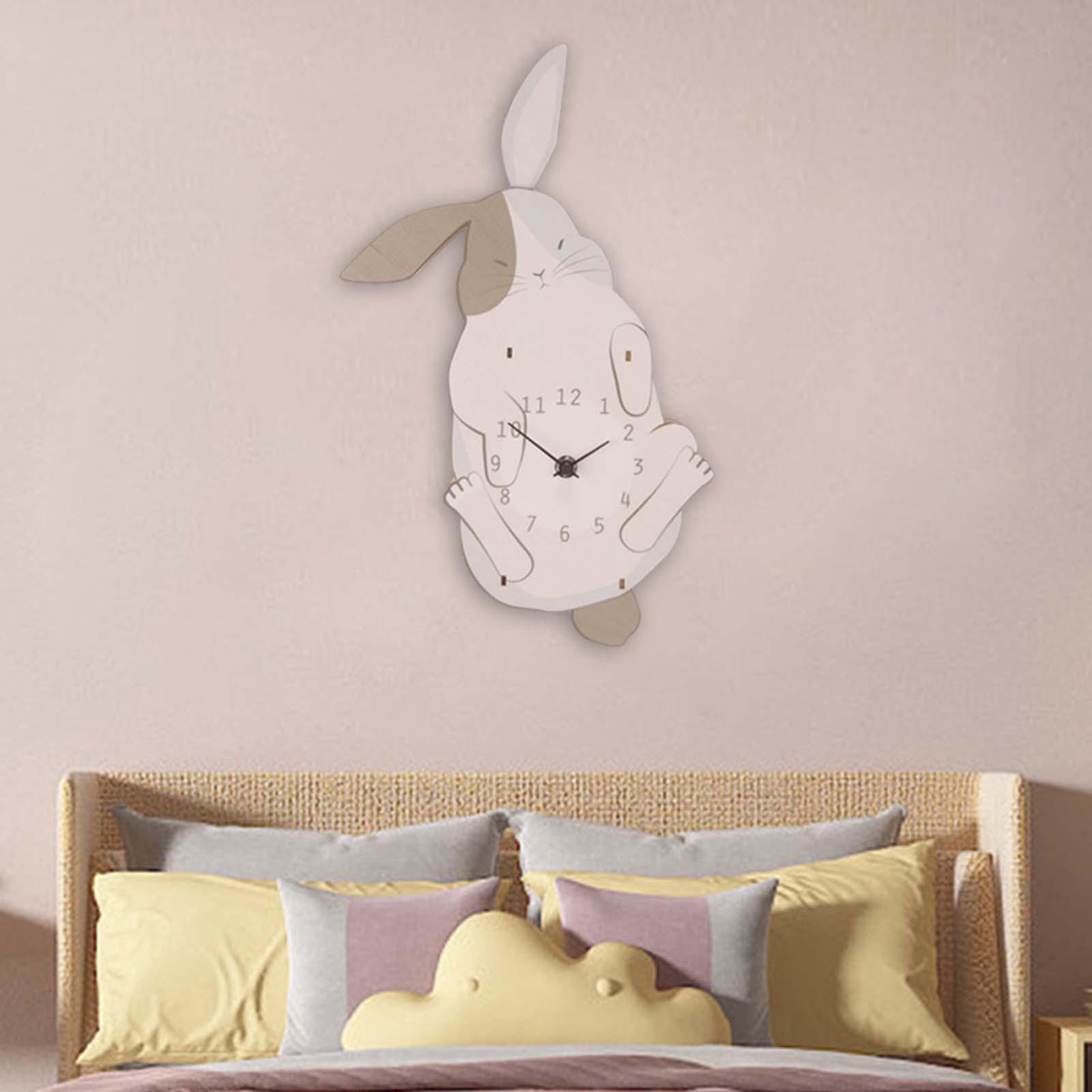 Cute Animals Wall Clock Non Ticking Boys Girls Bedroom Hanging Wooden Clocks Rabbit 37.2x23.6x5cm