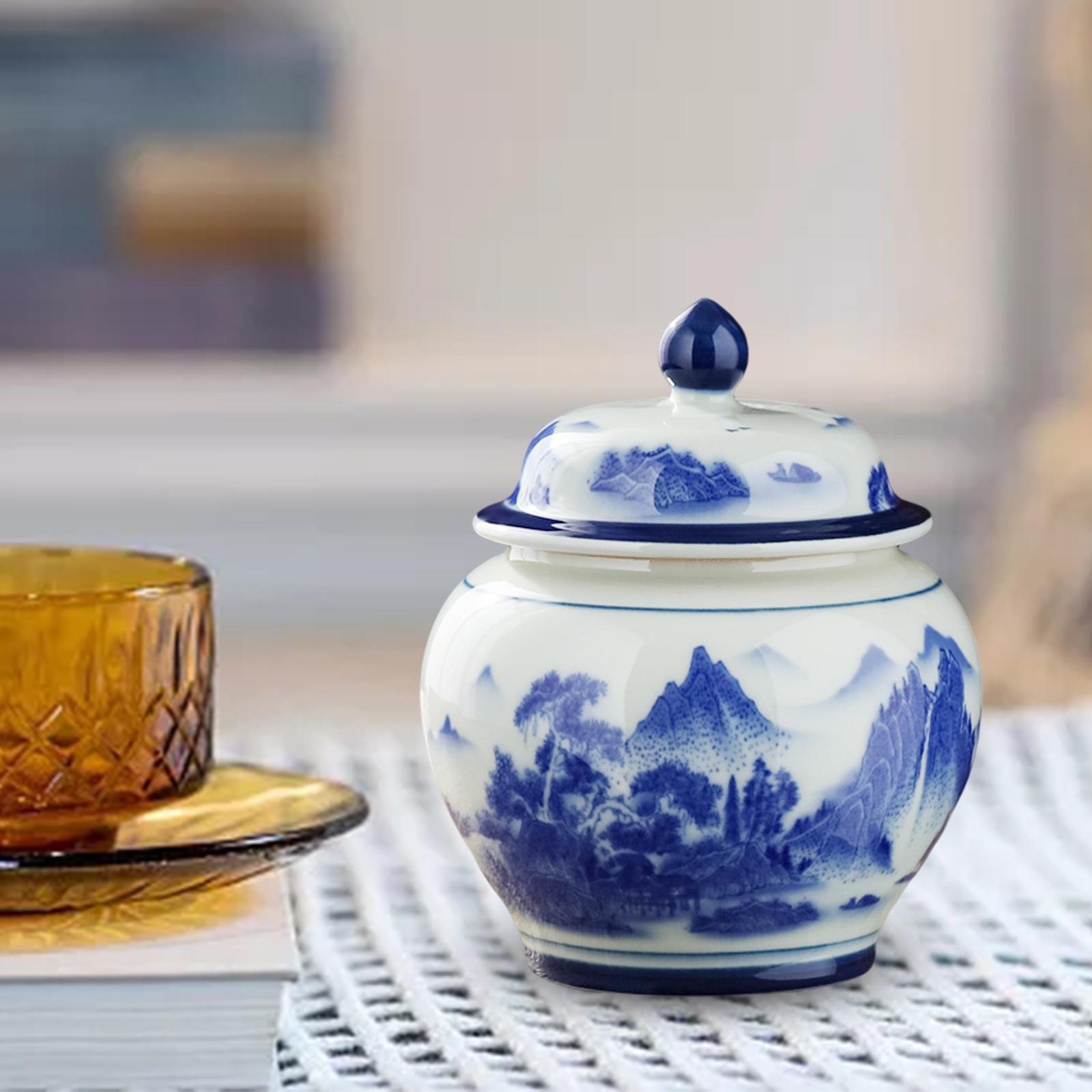 Porcelain Ginger Jar Temple Jar 13.3x16cm Storage Jar with Lid Glazed Enamel Mountain Water