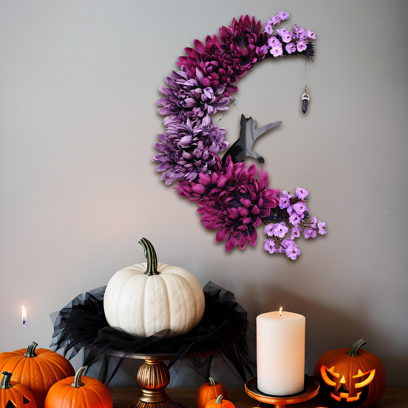 Halloween Moon and Cat Wall Door Wreath Ornament Sturdy Party Supplies for Porch