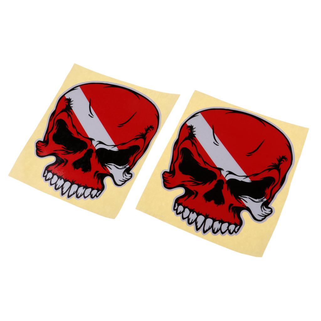 2 Pieces Reflective Scuba Diving Diver Kayak Sticker Decal Red Skull