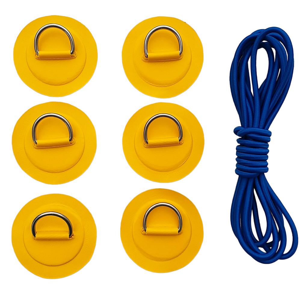 6 Pieces Inflatable Boat Kayak SUP D-ring Patch & Elastic Shock Cord Yellow