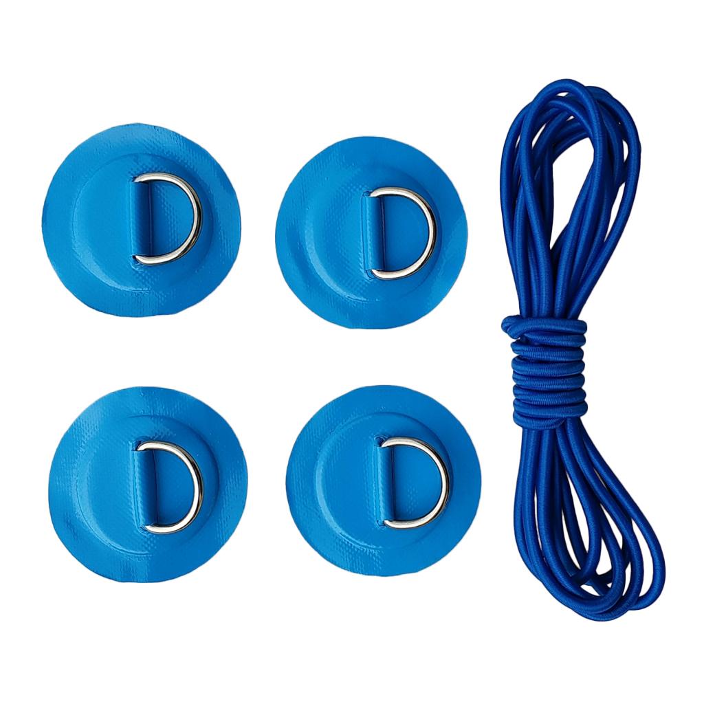 4 Pieces Inflatable Boat Kayak SUP D-ring Patch & Shock Bungee Cord Blue