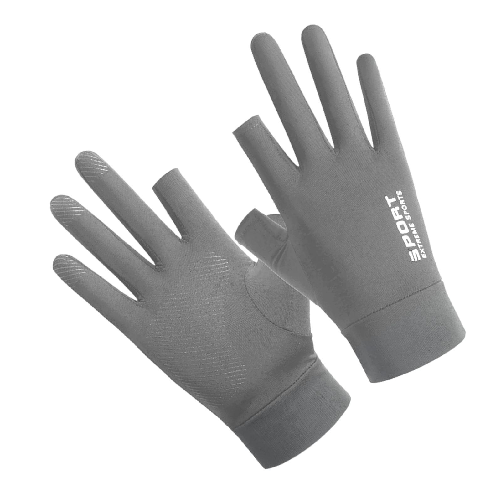 Men Ice Silk Gloves Summer Sun Protection Nonslip Fishing two finger gray