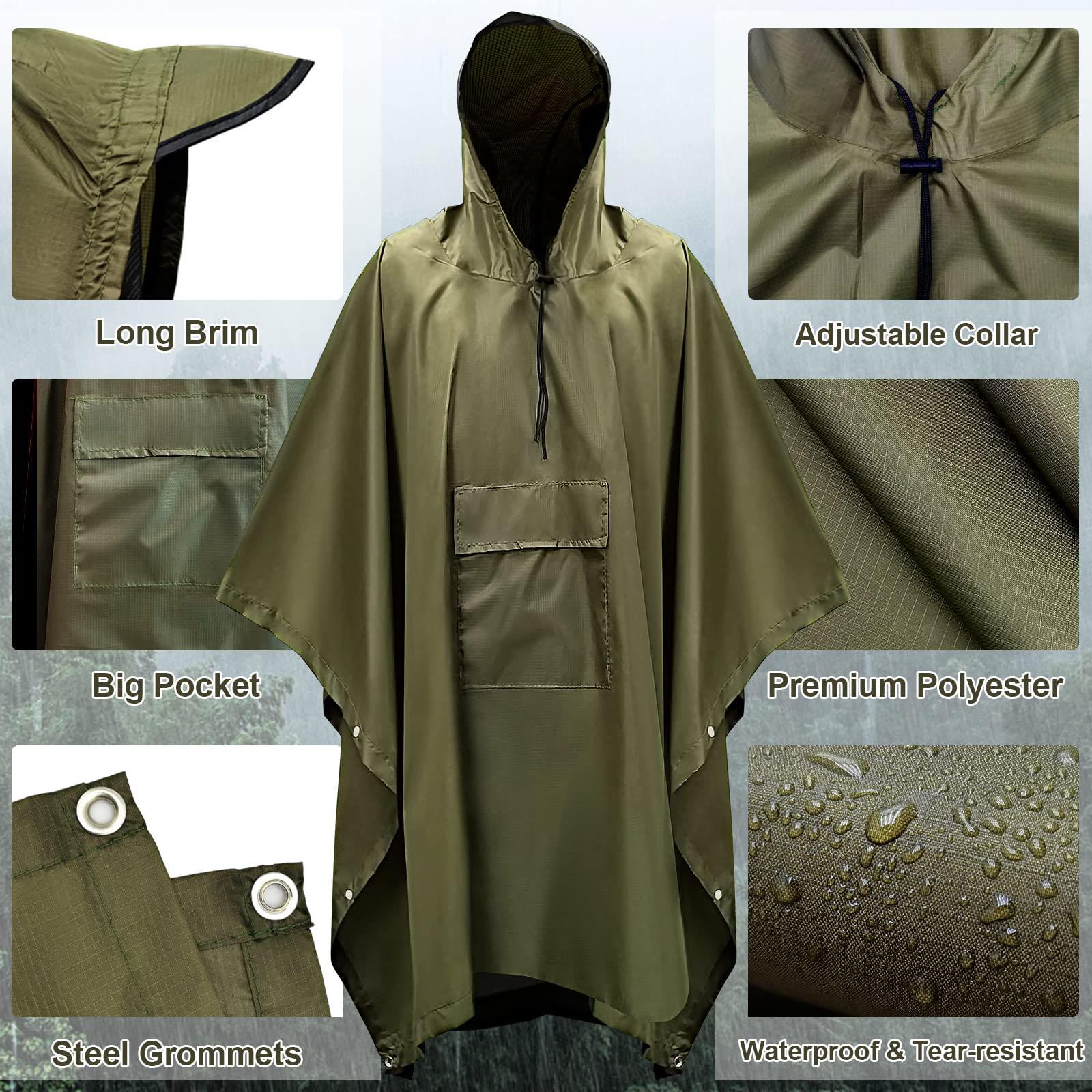 Wet Weather Rain Poncho with Pocket Reusable Adult Emergency Outdoor Green