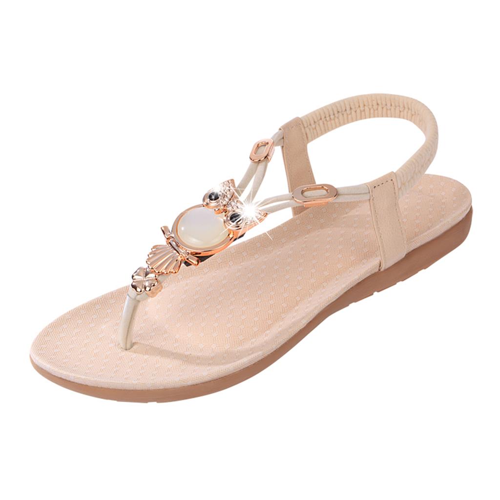 Women Summer Bohemia Flat Sandals Beach Thong Shoes Beige 36