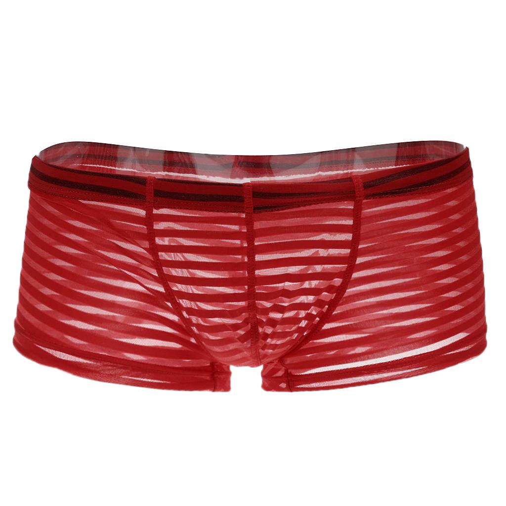 Mens Sexy Sheer See Through Stripe Boxer Briefs Underwear Panties Red M