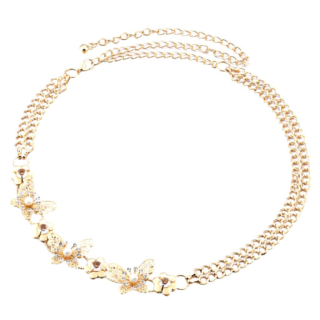 Women Butterfly Pearl Crystal Golden Metal Chain Belt Gold 112cm